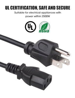 UL American Power Cord , 3 Pin NEMA 5-15P Plug To IE320 C13 US Type Power Cord